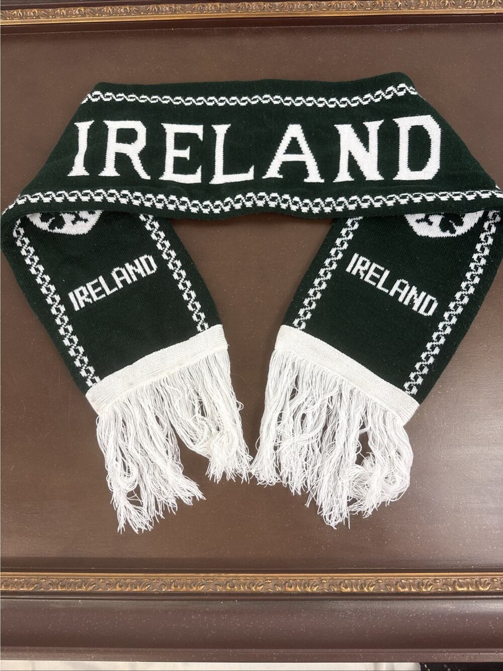 Ireland Shamrock Celtic Knit Scarf Green White Heavy Winter Fringe Souvenir